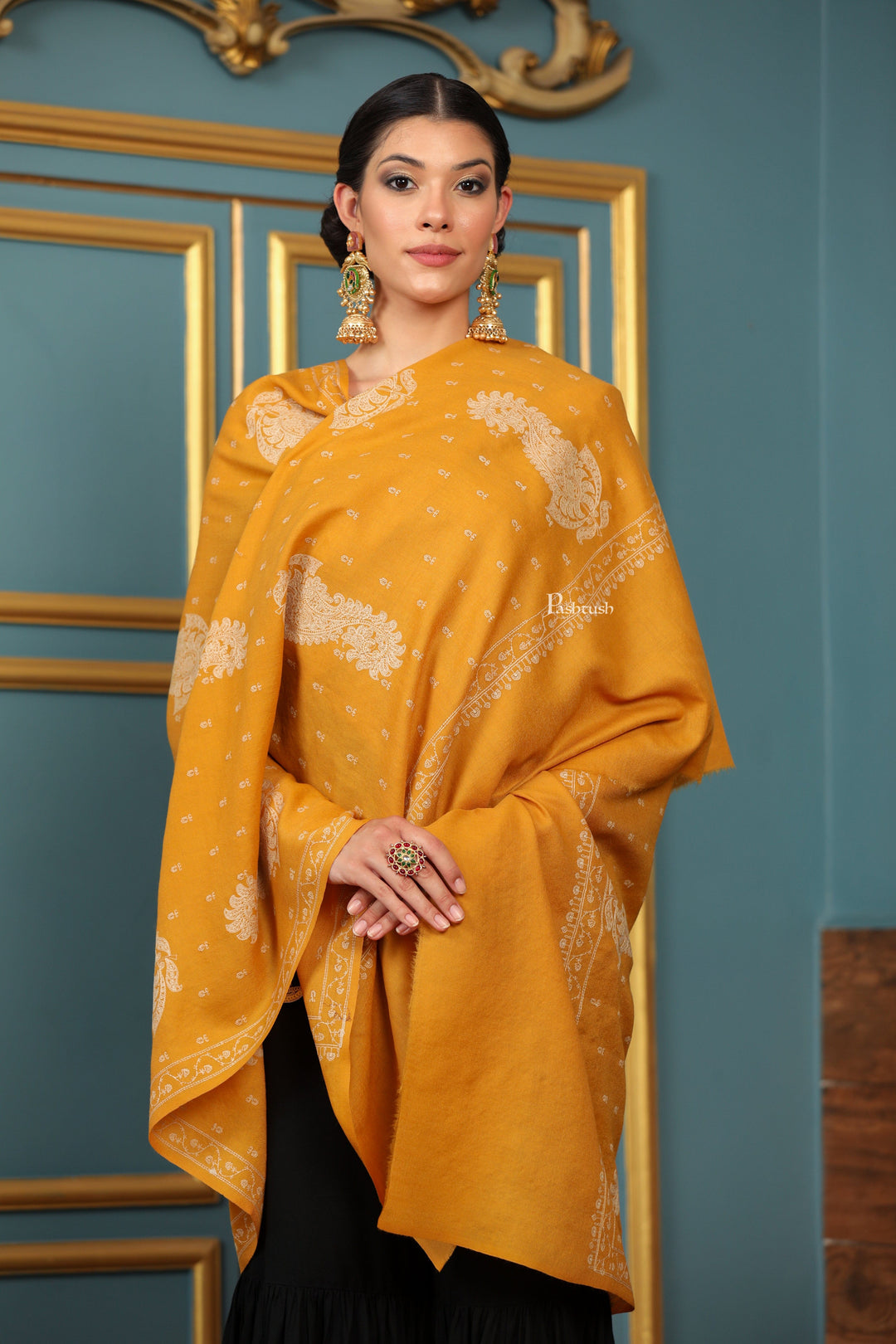 Pashtush India Womens Shawls Pashtush Womens Extra Fine Wool Shawl, Tone And Tone Ambi Design, Yellow
