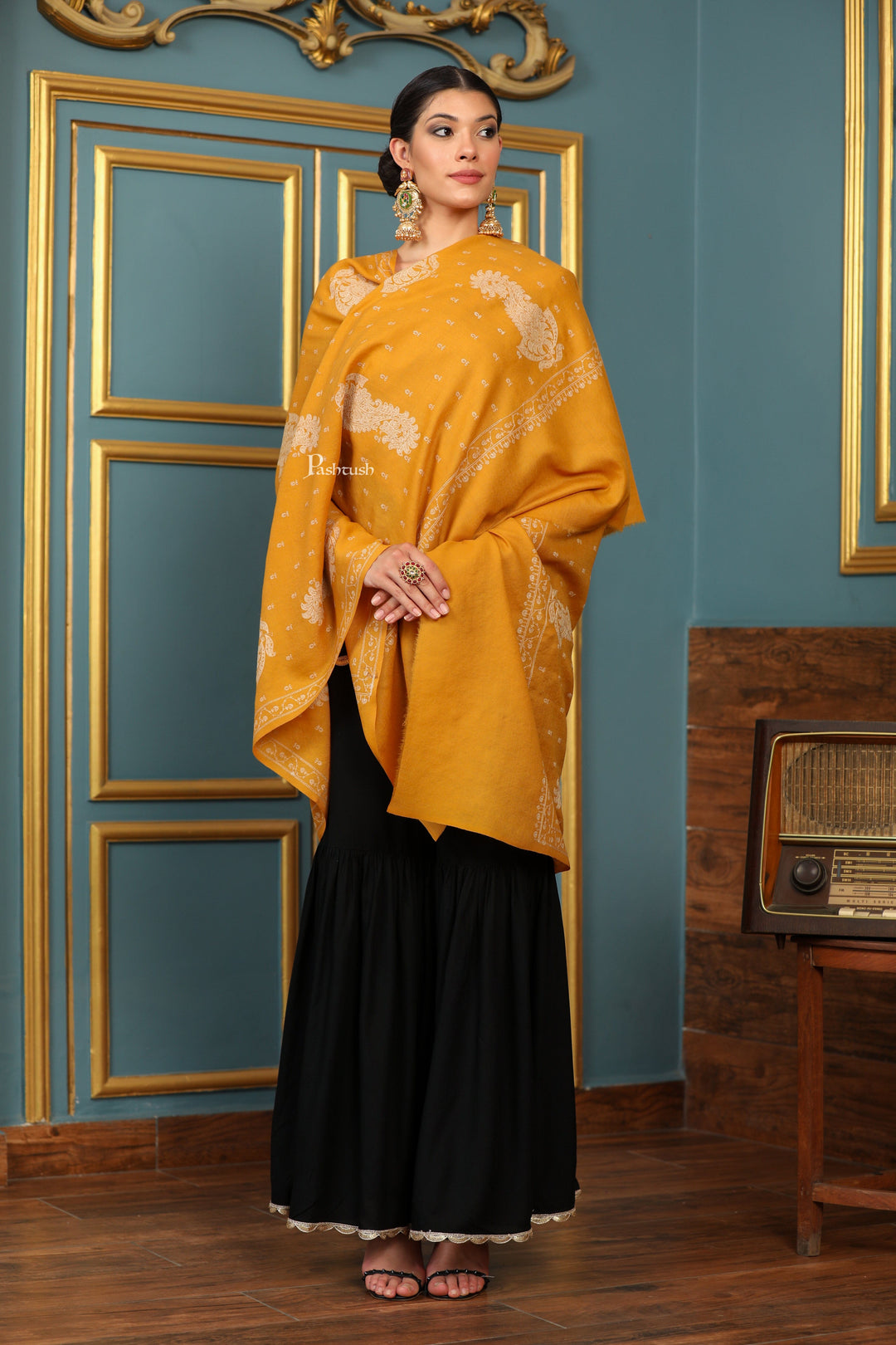 Pashtush India Womens Shawls Pashtush Womens Extra Fine Wool Shawl, Tone And Tone Ambi Design, Yellow