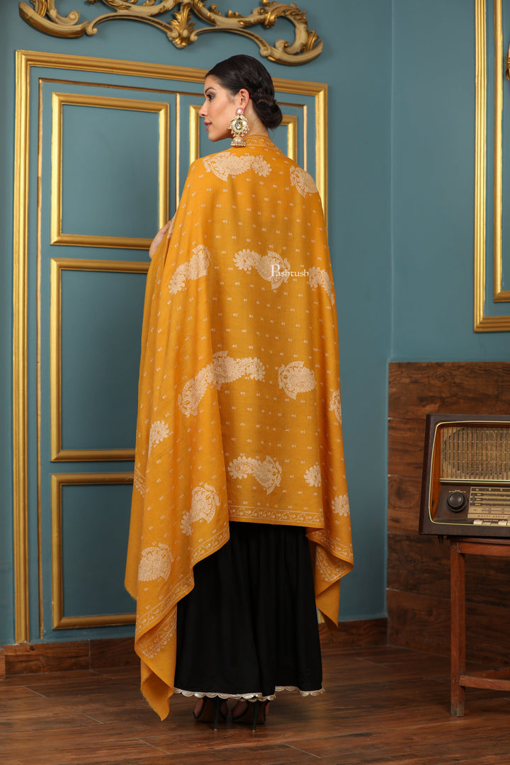 Pashtush India Womens Shawls Pashtush Womens Extra Fine Wool Shawl, Tone And Tone Ambi Design, Yellow