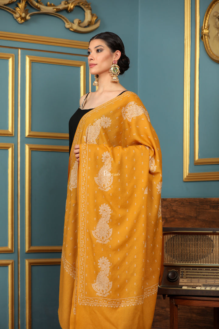 Pashtush India Womens Shawls Pashtush Womens Extra Fine Wool Shawl, Tone And Tone Ambi Design, Yellow