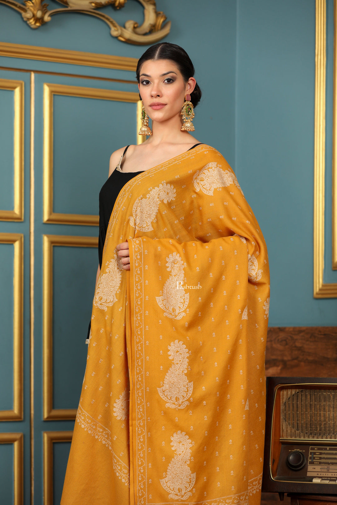 Pashtush India Womens Shawls Pashtush Womens Extra Fine Wool Shawl, Tone And Tone Ambi Design, Yellow
