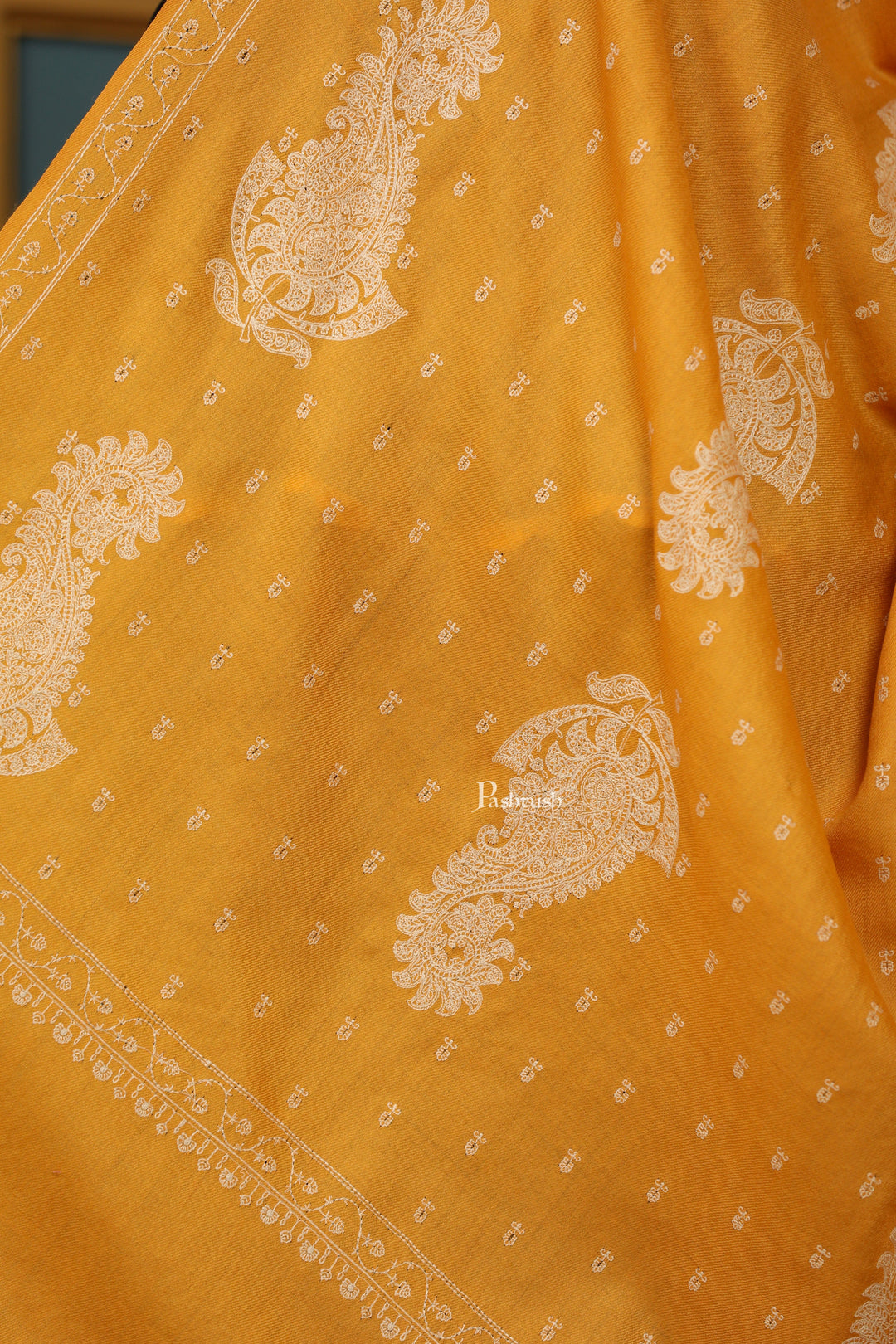 Pashtush India Womens Shawls Pashtush Womens Extra Fine Wool Shawl, Tone And Tone Ambi Design, Yellow