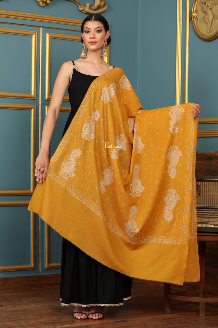 Pashtush India Womens Shawls Pashtush Womens Extra Fine Wool Shawl, Tone And Tone Ambi Design, Yellow