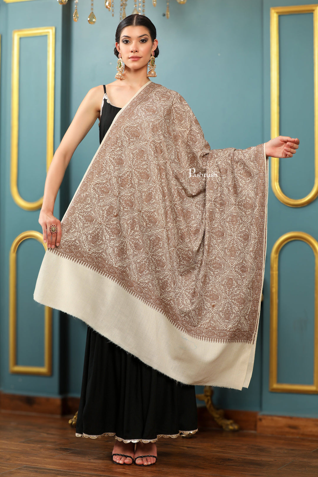 Pashtush India Womens Shawls Pashtush Womens Extra Fine Wool Shawl, Tone And Tone Jaal Design, Beige