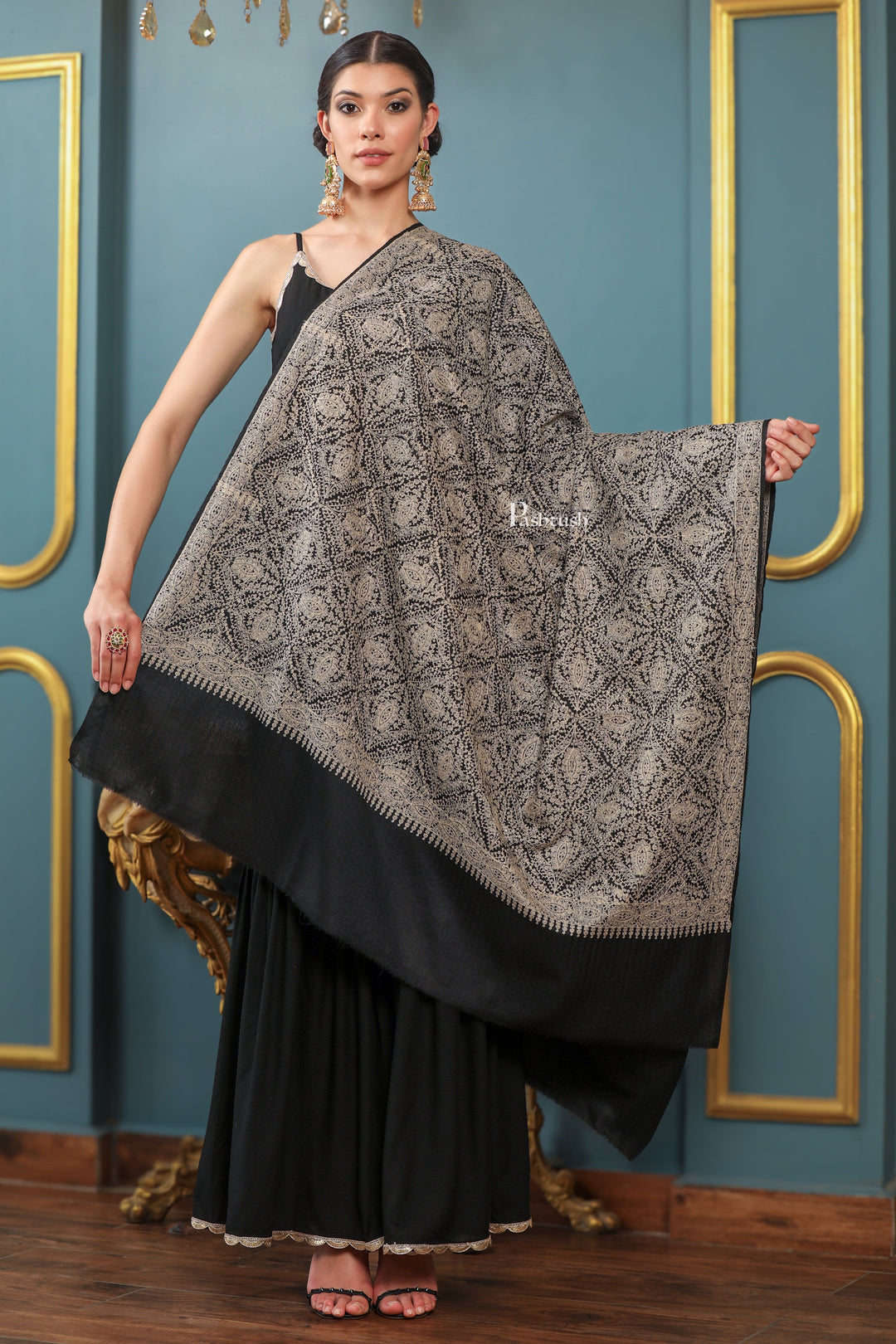 Pashtush India Womens Shawls Pashtush Womens Extra Fine Wool Shawl, Tone And Tone Jaal Design, Black