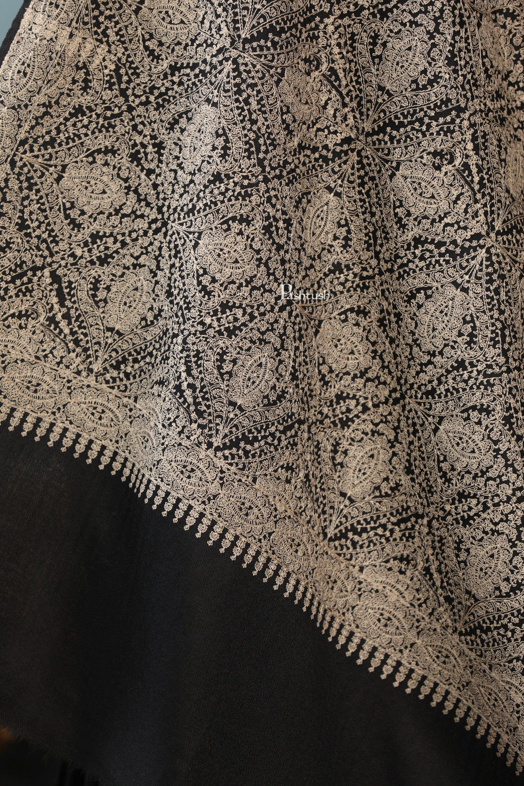 Pashtush India Womens Shawls Pashtush Womens Extra Fine Wool Shawl, Tone And Tone Jaal Design, Black