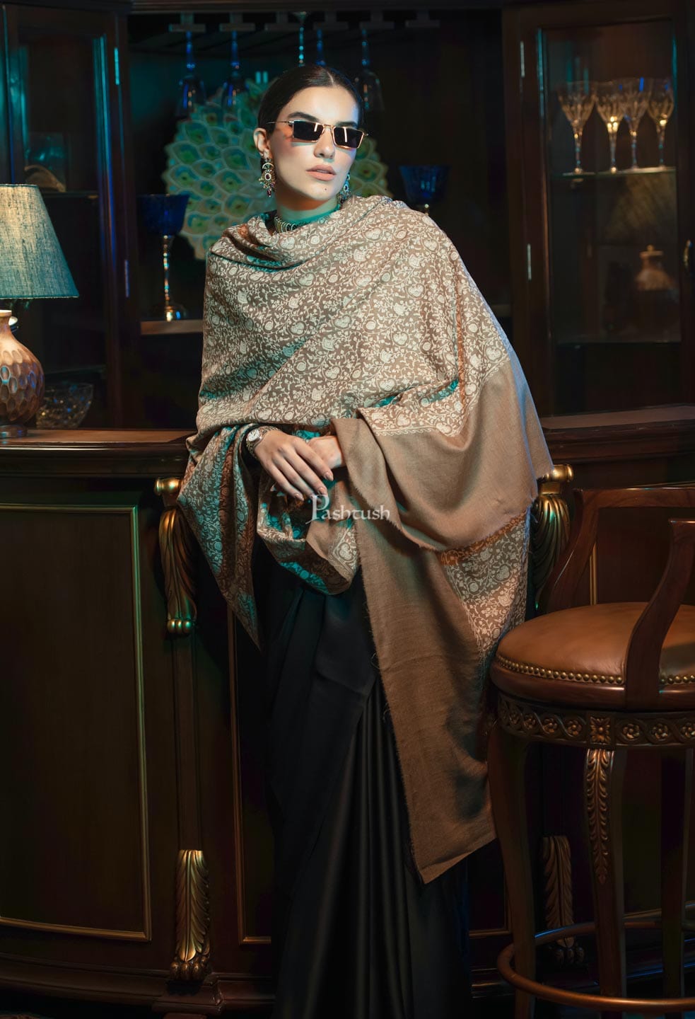 Pashtush India Womens Shawls Pashtush womens Extra Fine Wool Shawl, tone on tone design, Taupe