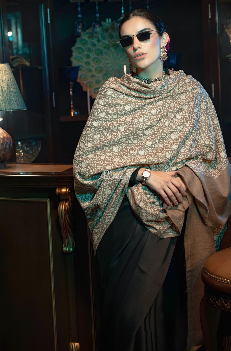 Pashtush India Womens Shawls Pashtush womens Extra Fine Wool Shawl, tone on tone design, Taupe
