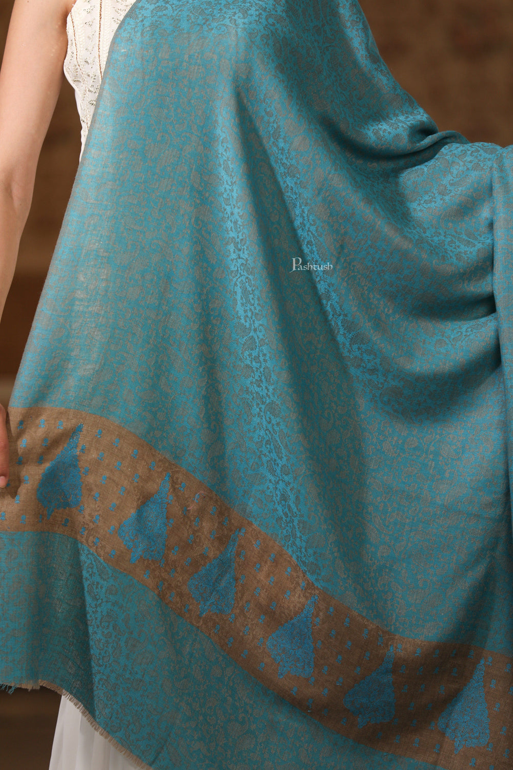 Pashtush India Womens Shawls Pashtush Womens Extra Fine Wool Shawl, Tone On Tone Embroidery Design, Arabic Sea Blue