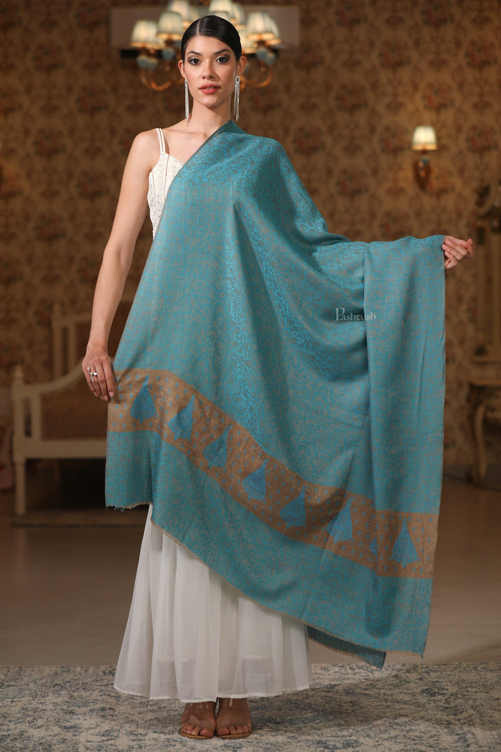 Pashtush India Womens Shawls Pashtush Womens Extra Fine Wool Shawl, Tone On Tone Embroidery Design, Arabic Sea Blue