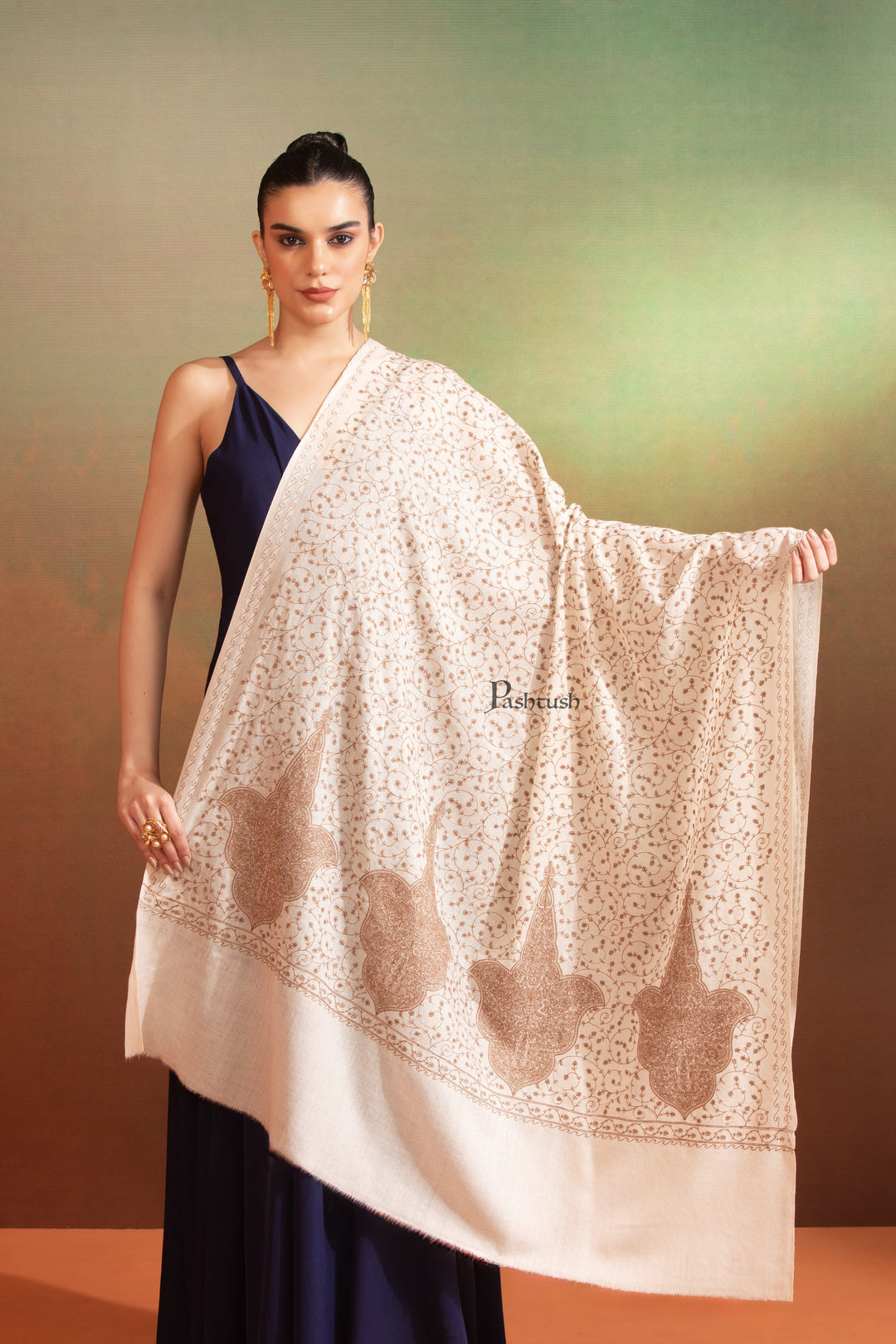Pashtush India Womens Shawls Pashtush Womens Extra Fine Wool Shawl, Tone On Tone Embroidery Design, Beige