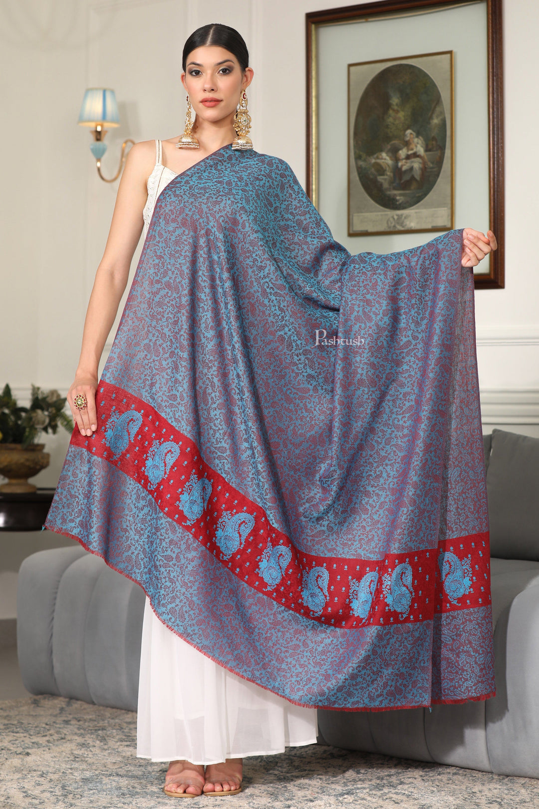Pashtush India Womens Shawls Pashtush Womens Extra Fine Wool Shawl, Tone On Tone Embroidery Design, Blue