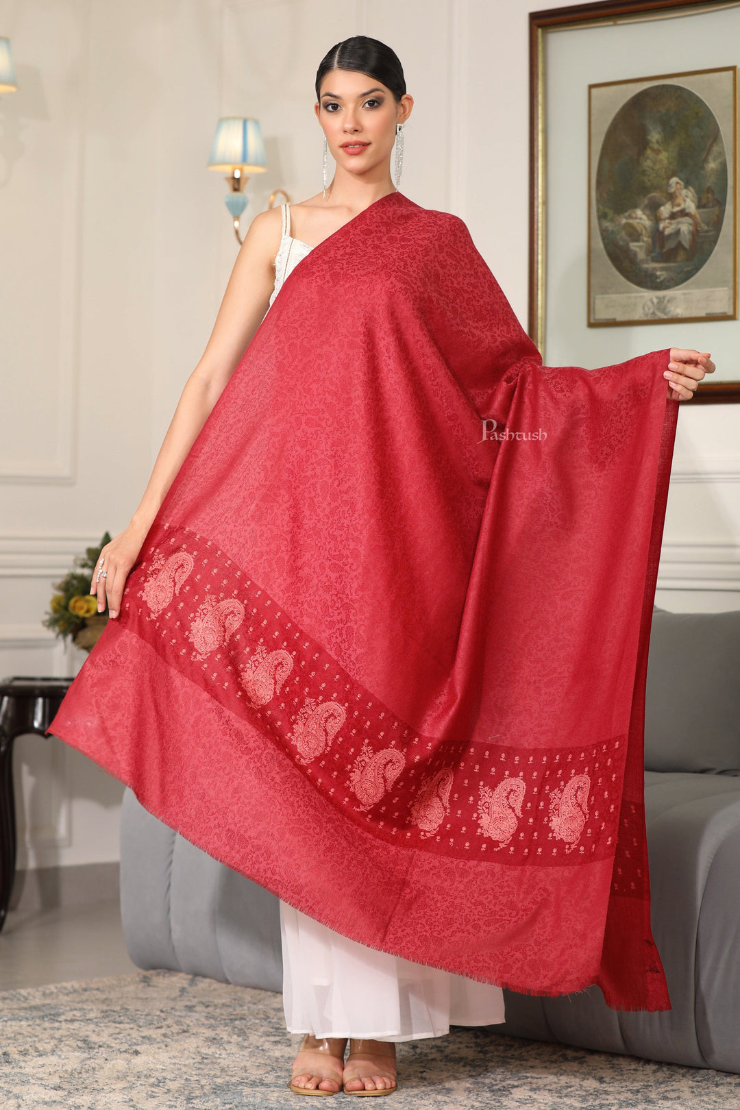 Pashtush India Womens Shawls Pashtush Womens Extra Fine Wool Shawl, Tone On Tone Embroidery Design, Pink