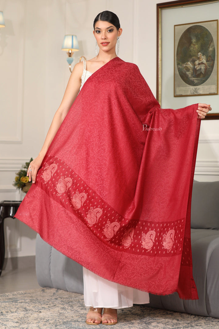 Pashtush India Womens Shawls Pashtush Womens Extra Fine Wool Shawl, Tone On Tone Embroidery Design, Pink