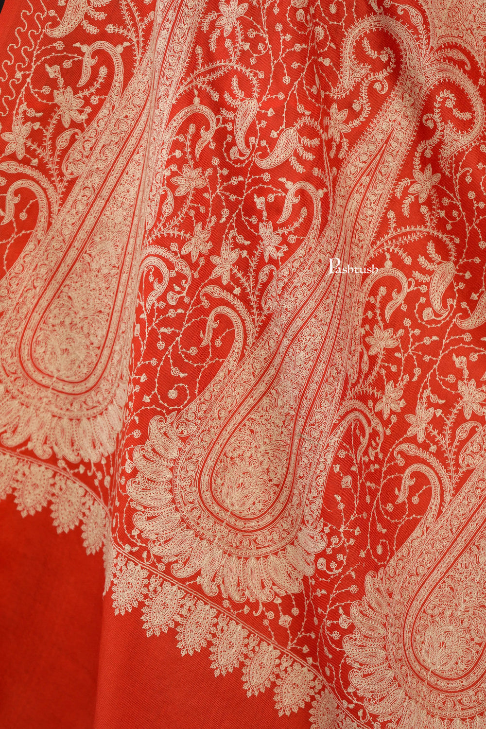 Pashtush India Womens Shawls Pashtush Womens Extra Fine Wool Shawl, Tone On Tone Embroidery Large Paisleys Design, Amber