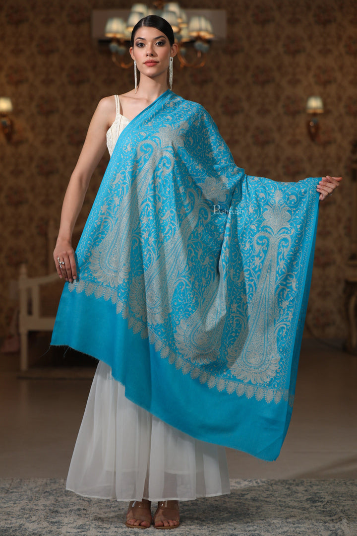 Pashtush India Womens Shawls Pashtush Womens Extra Fine Wool Shawl, Tone On Tone Embroidery Large Paisleys Design, Blue