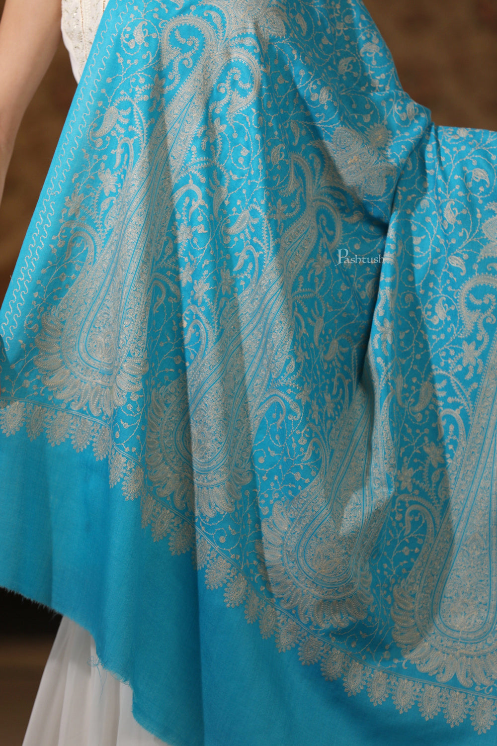 Pashtush India Womens Shawls Pashtush Womens Extra Fine Wool Shawl, Tone On Tone Embroidery Large Paisleys Design, Blue