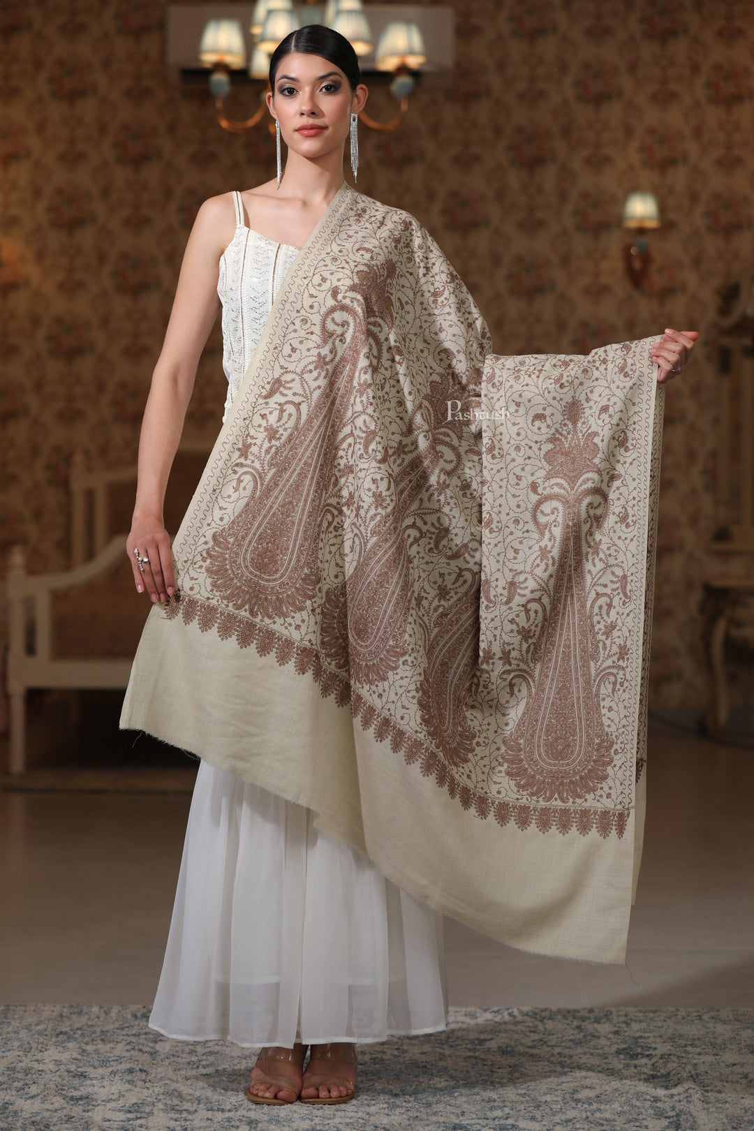 Pashtush India Womens Shawls Pashtush Womens Extra Fine Wool Shawl, Tone On Tone Embroidery Large Paisleys Design, Ivory
