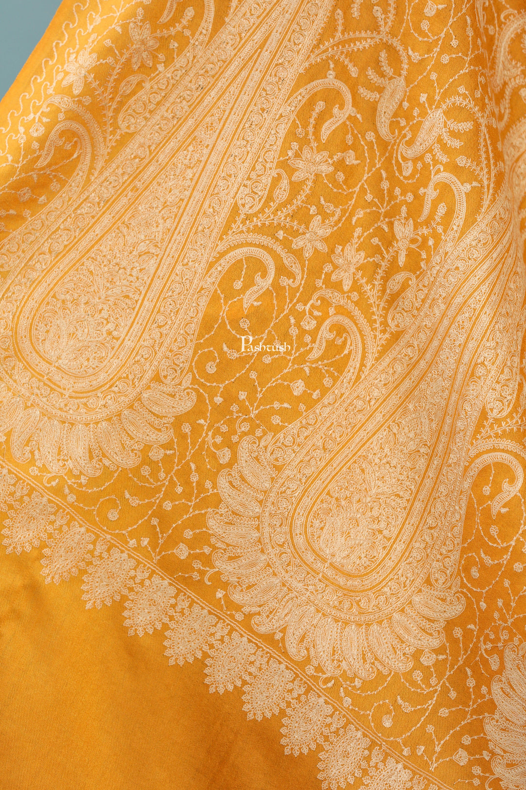 Pashtush India Womens Shawls Pashtush Womens Extra Fine Wool Shawl, Tone On Tone Embroidery, Large Paisleys Design, Mustard