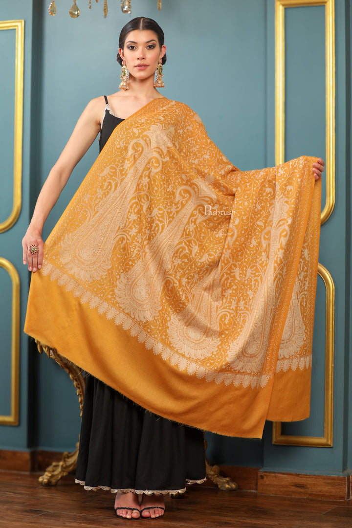 Pashtush India Womens Shawls Pashtush Womens Extra Fine Wool Shawl, Tone On Tone Embroidery, Large Paisleys Design, Mustard