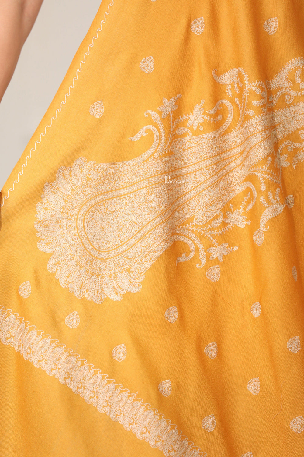 Pashtush India Womens Shawls Pashtush Womens Extra Fine Wool Shawl, Tone On Tone Embroidery Large Paisleys Design, Mustard