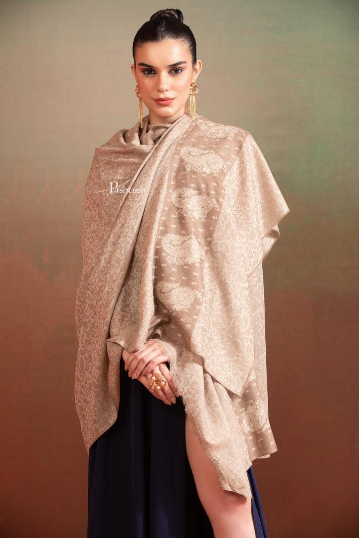 Pashtush India Womens Shawls Pashtush Womens Extra Fine Wool Shawl, Tone On Tone Embroidery, Paisley Palla, Beige