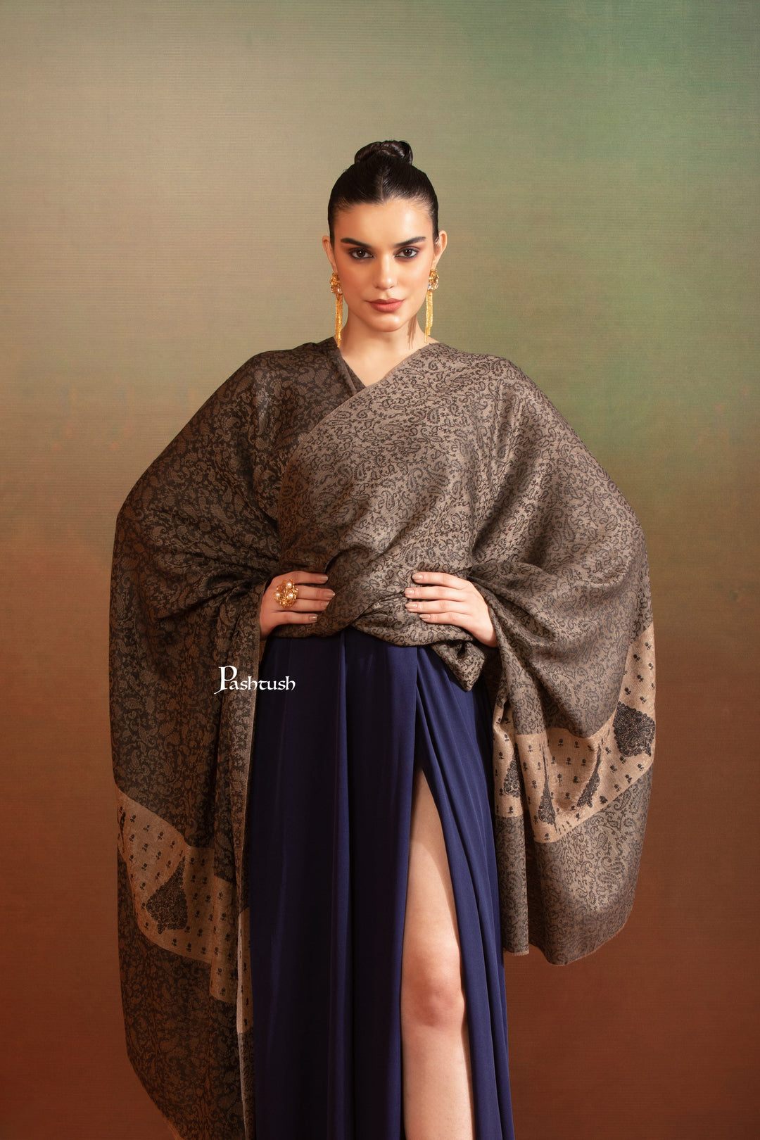 Pashtush India Womens Shawls Pashtush Womens Extra Fine Wool Shawl, Tone On Tone Embroidery, Paisley Palla Design, Black