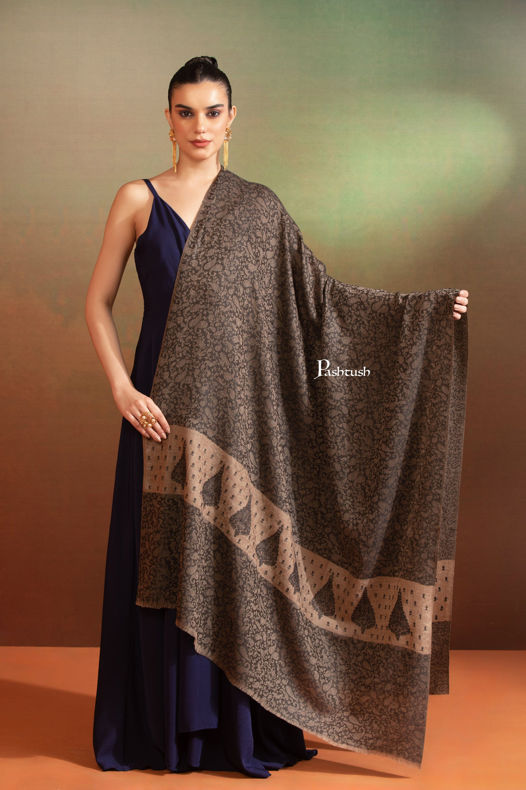 Pashtush India Womens Shawls Pashtush Womens Extra Fine Wool Shawl, Tone On Tone Embroidery, Paisley Palla Design, Black