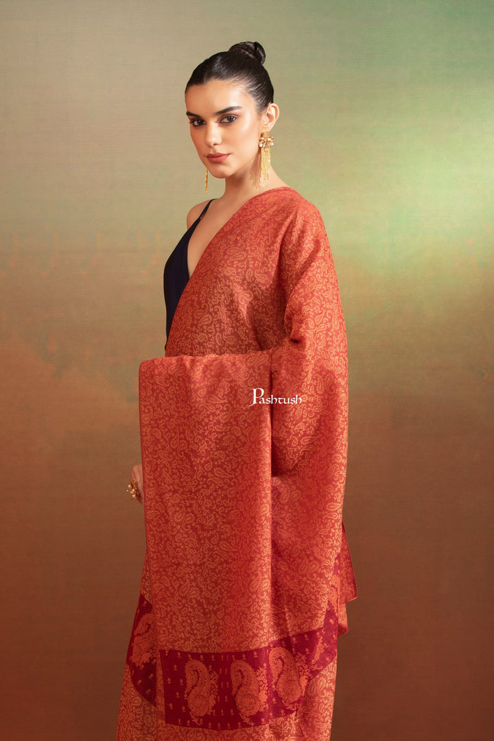 Pashtush India Womens Shawls Pashtush Womens Extra Fine Wool Shawl, Tone On Tone Embroidery, Paisley Palla Design, Maroon