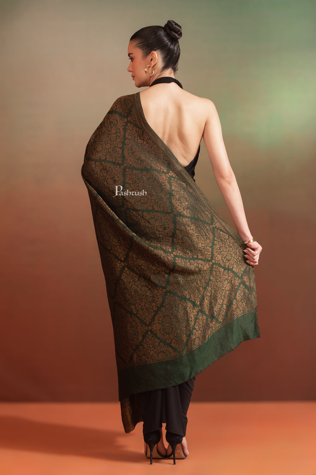 Pashtush India Womens Shawls Pashtush Womens Extra Fine Wool Shawl, Twilight Collection, Woven Design, Green