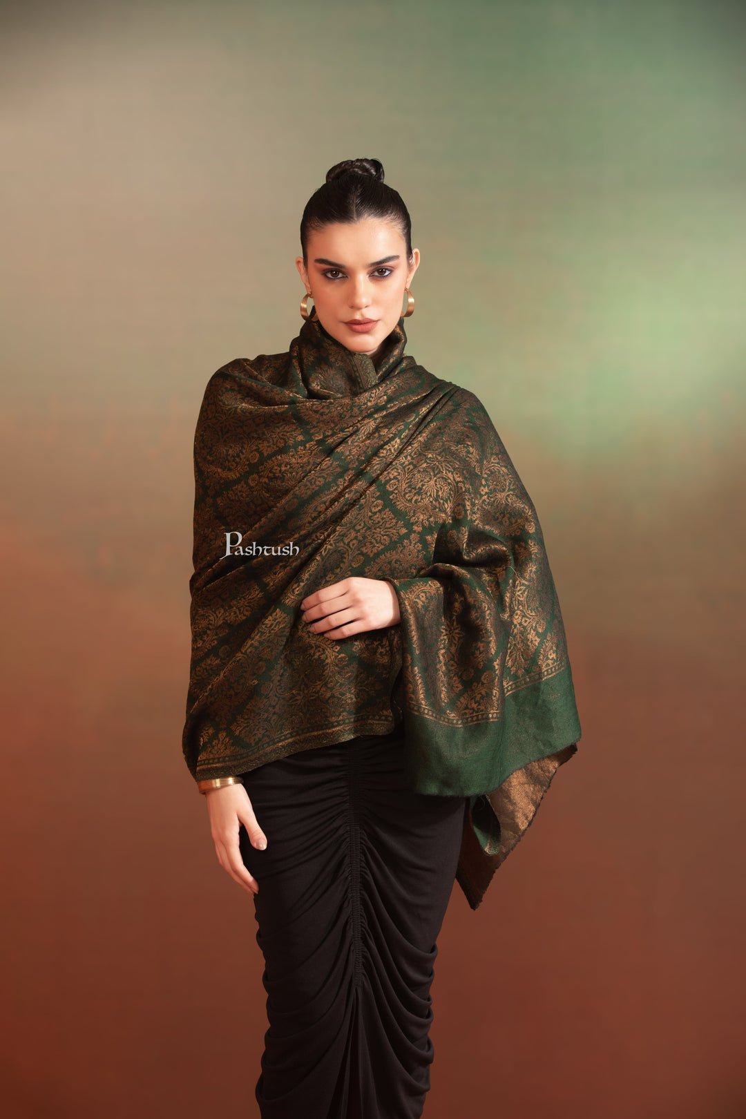 Pashtush India Womens Shawls Pashtush Womens Extra Fine Wool Shawl, Twilight Collection, Woven Design, Green