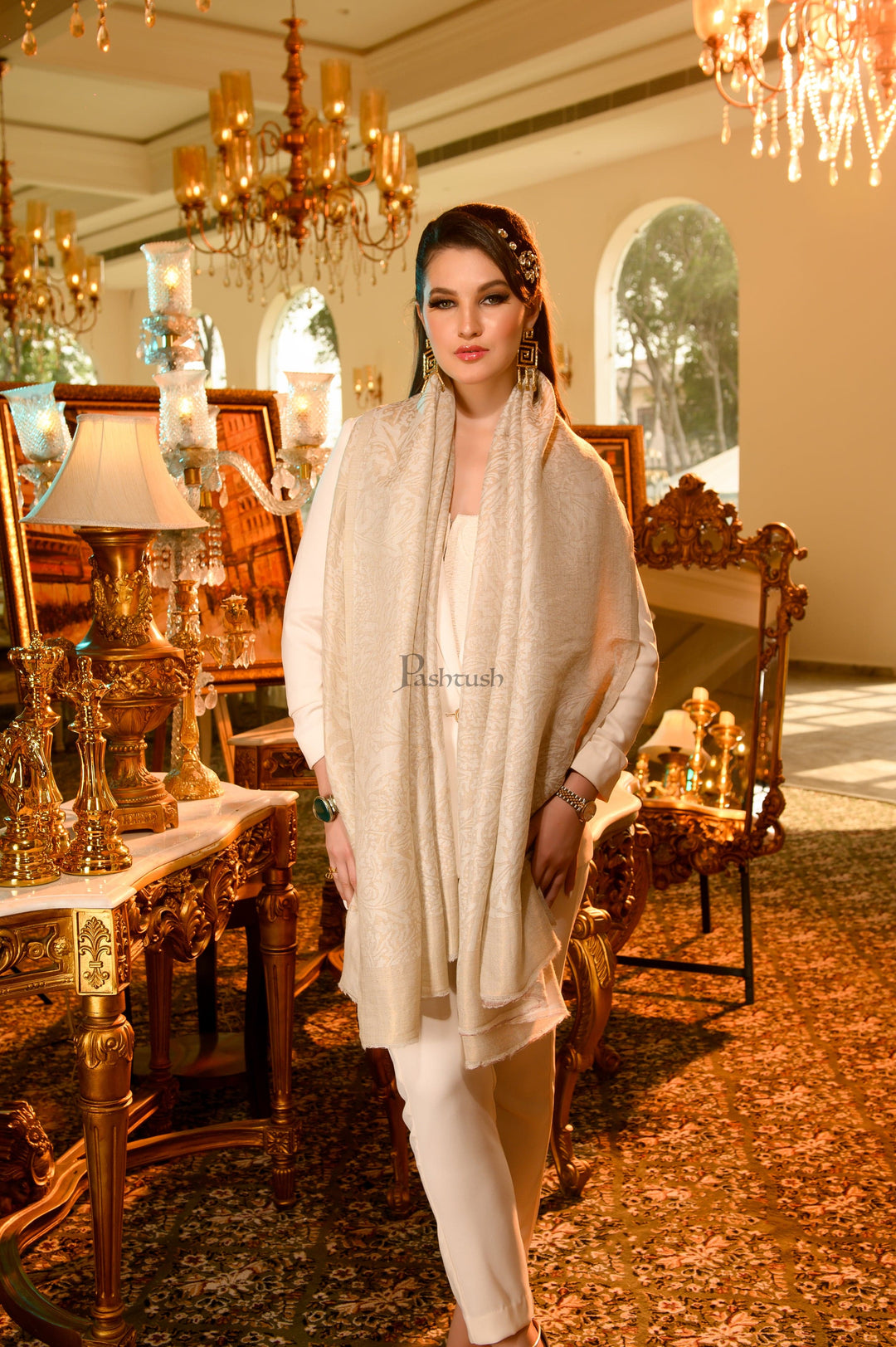 Pashtush India Womens Stoles and Scarves Scarf Pashtush Womens Extra Fine Wool Shawl, Twilight Reversible Design, Ivory