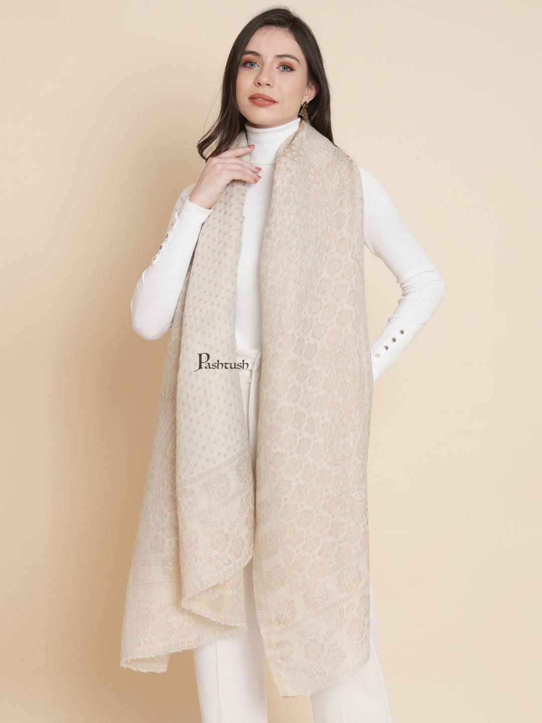 Pashtush India Womens Shawls Pashtush Womens Extra Fine Wool Shawl, Twilight Reversible Design, Ivory