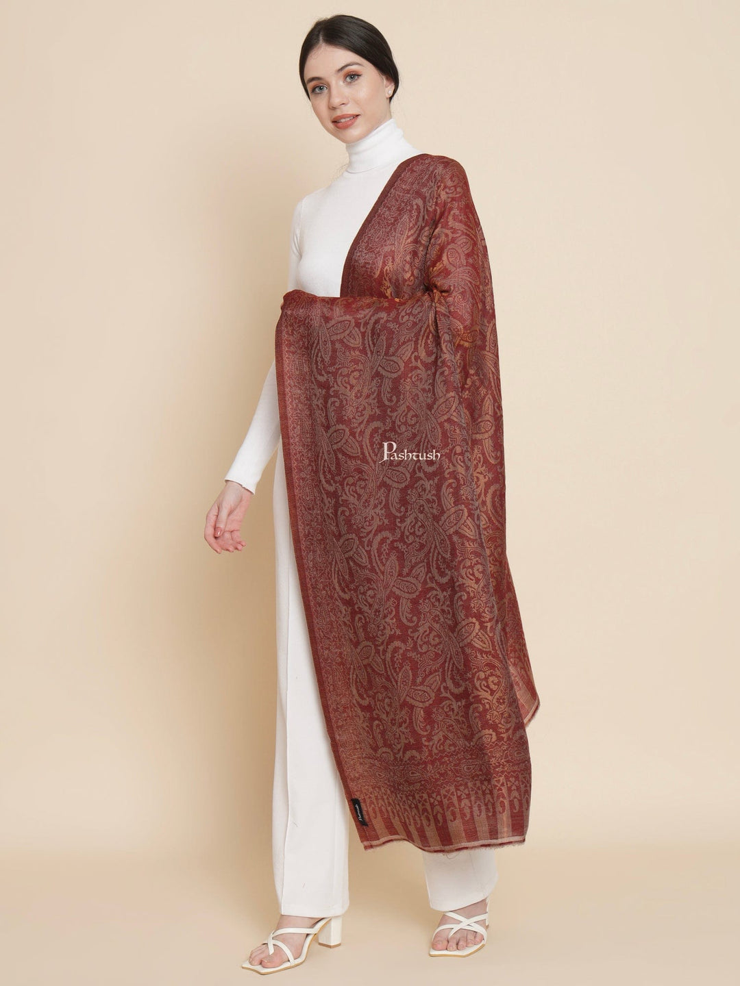 Pashtush India Womens Shawls Pashtush Womens Extra Fine Wool Shawl, Twilight Reversible Design, Maroon