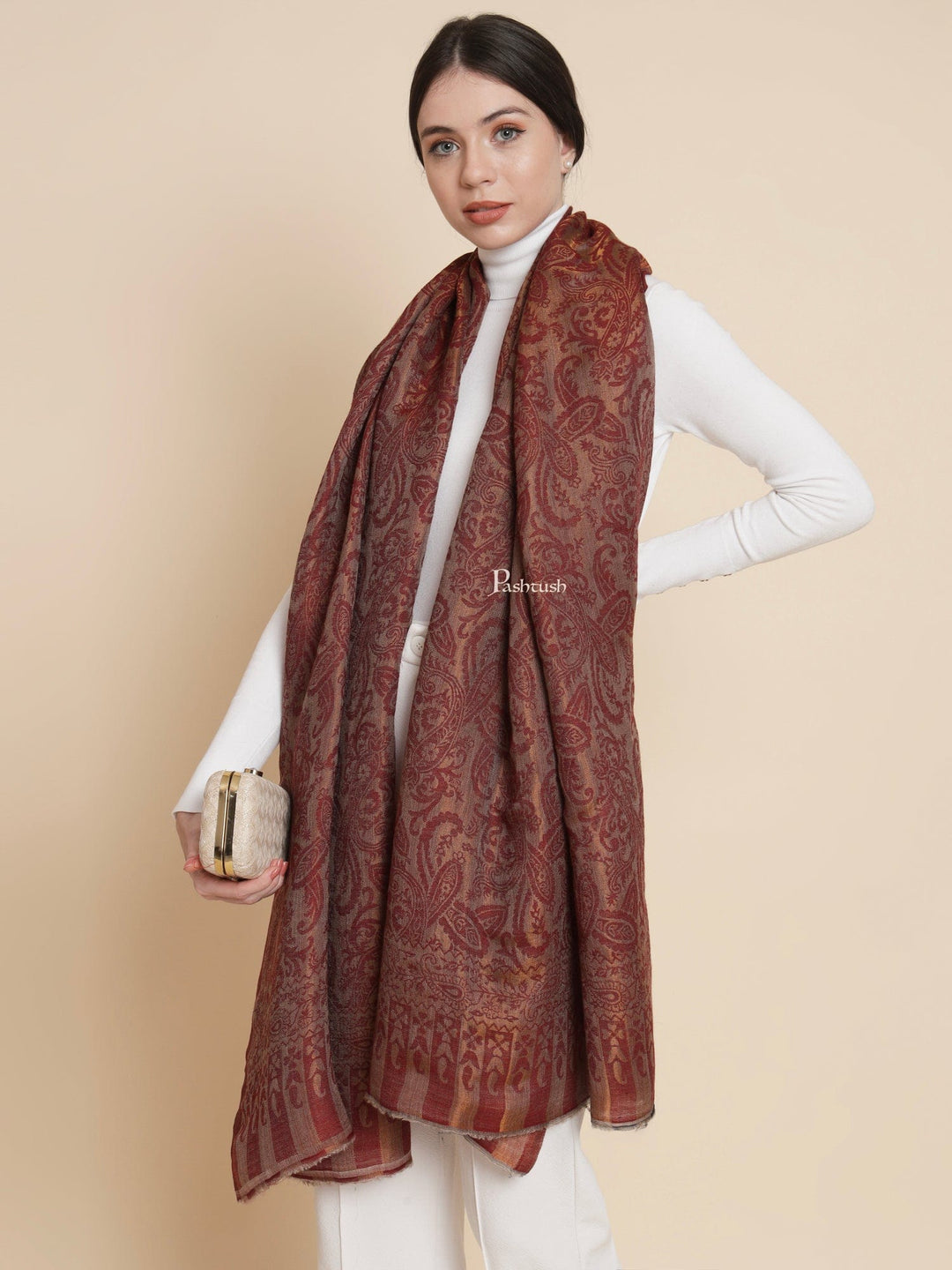 Pashtush India Womens Shawls Pashtush Womens Extra Fine Wool Shawl, Twilight Reversible Design, Maroon
