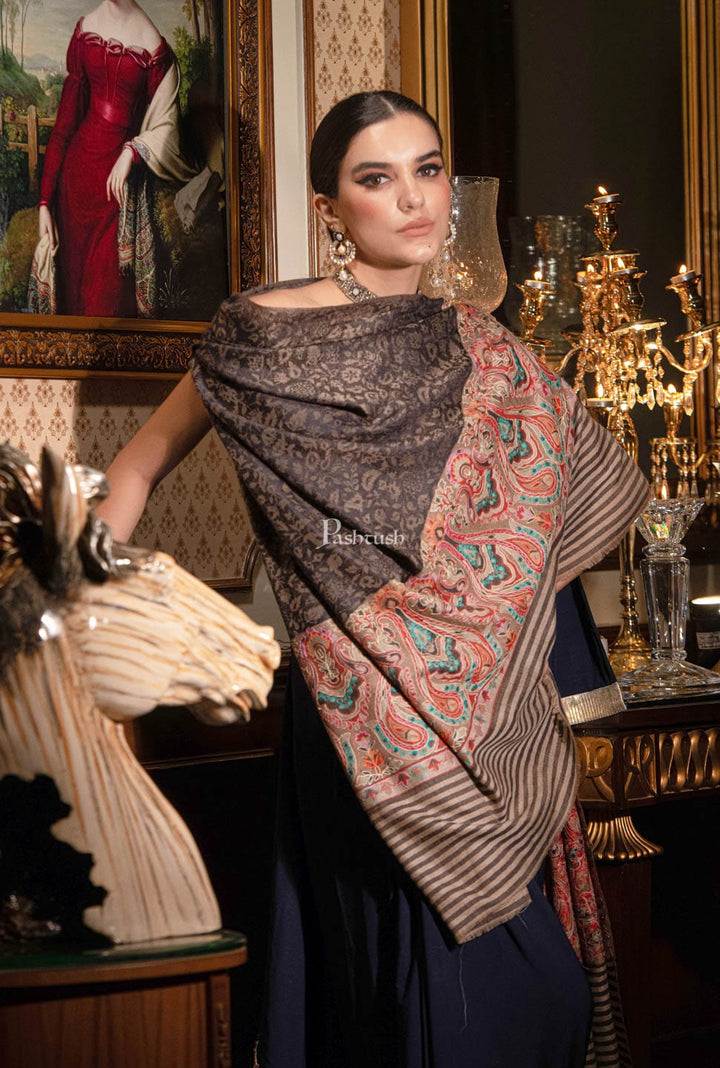 Pashtush India Womens Shawls Pashtush womens Extra Fine Wool shawl, With Embroidered Ethnic Palla design, Navy Blue