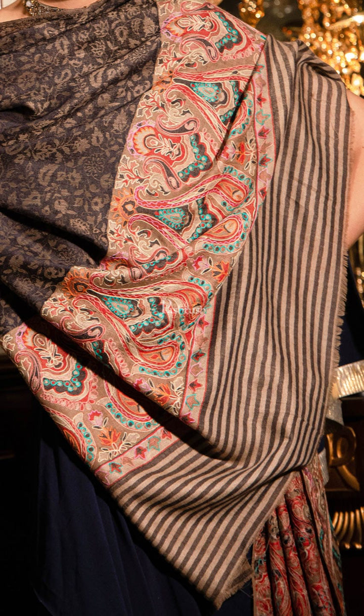 Pashtush India Womens Shawls Pashtush womens Extra Fine Wool shawl, With Embroidered Ethnic Palla design, Navy Blue