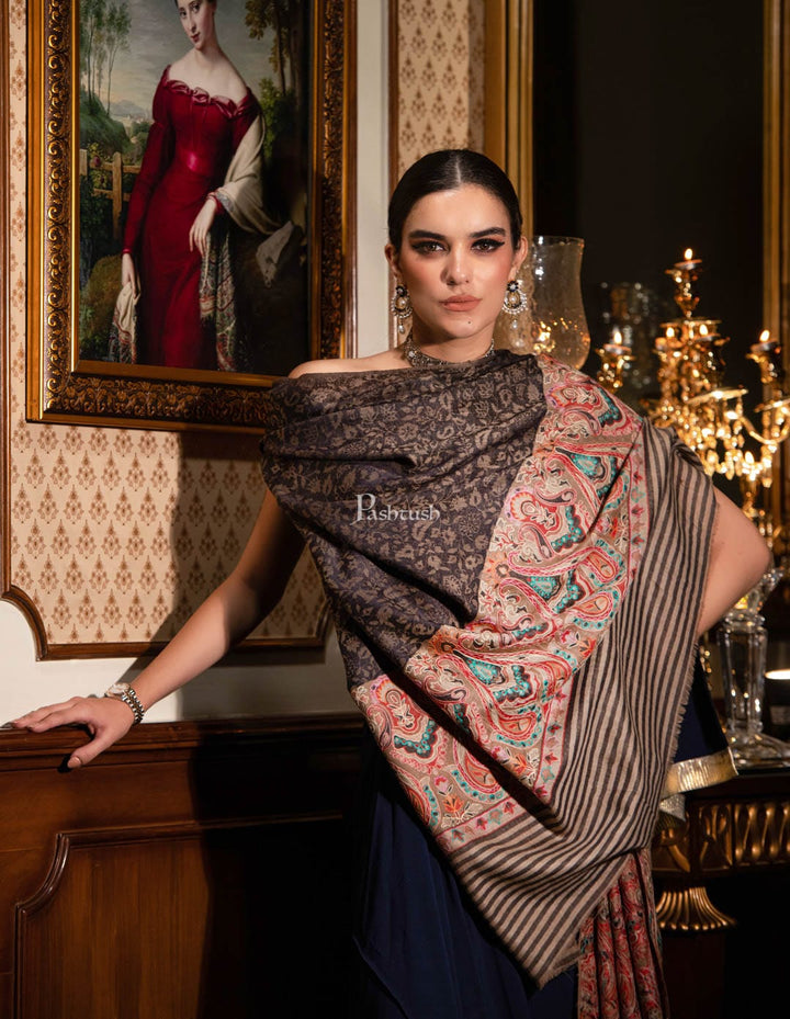 Pashtush India Womens Shawls Pashtush womens Extra Fine Wool shawl, With Embroidered Ethnic Palla design, Navy Blue