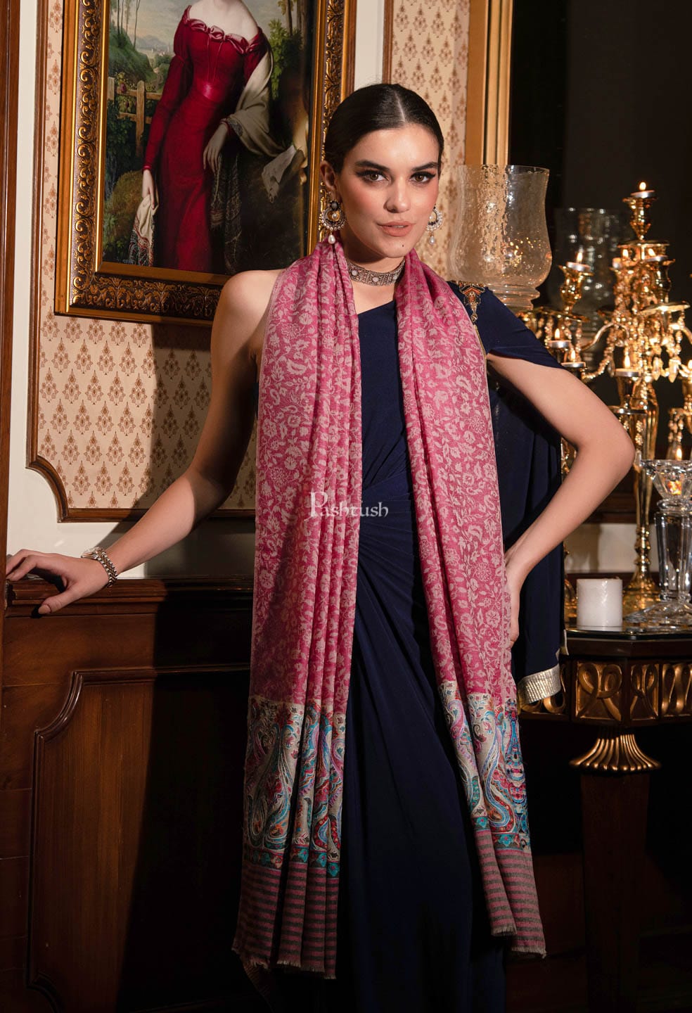 Pashtush India Womens Stoles and Scarves Scarf Pashtush womens Extra Fine Wool shawl, With Embroidered Ethnic Palla design, Pink