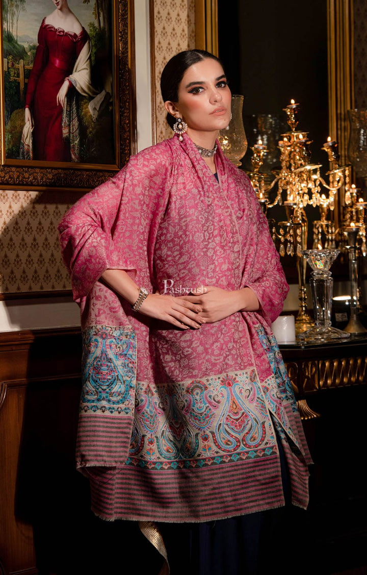 Pashtush India Womens Stoles and Scarves Scarf Pashtush womens Extra Fine Wool shawl, With Embroidered Ethnic Palla design, Pink