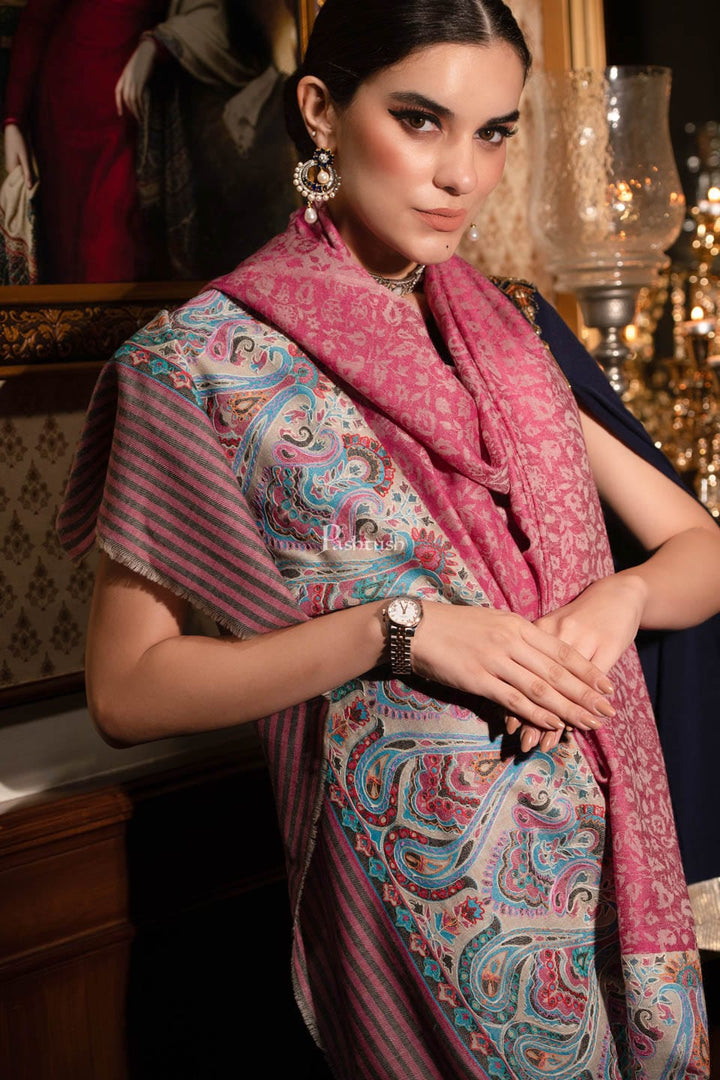 Pashtush India Womens Stoles and Scarves Scarf Pashtush womens Extra Fine Wool shawl, With Embroidered Ethnic Palla design, Pink