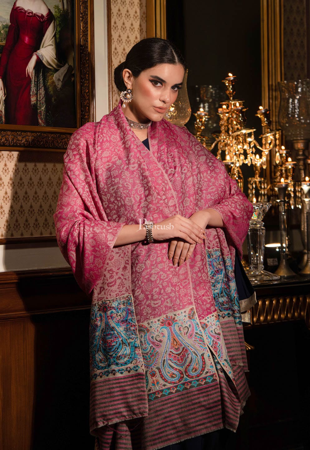 Pashtush India Womens Stoles and Scarves Scarf Pashtush womens Extra Fine Wool shawl, With Embroidered Ethnic Palla design, Pink