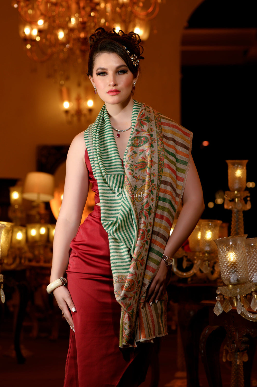 Pashtush India Womens Shawls Pashtush Womens Extra Fine Wool Shawl, With Paisley Weave Palla, Green