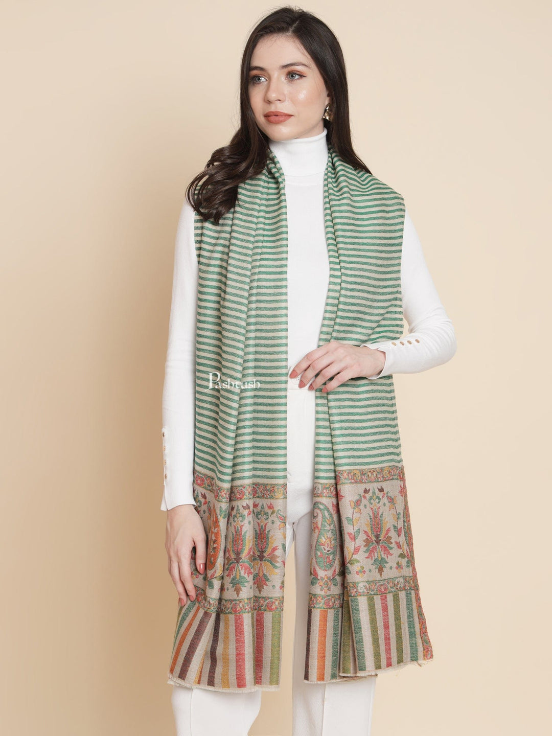 Pashtush India Womens Shawls Pashtush Womens Extra Fine Wool Shawl, With Paisley Weave Palla, Green