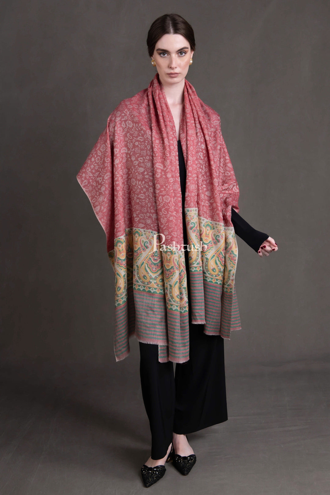 Pashtush India Womens Shawls Pashtush Womens Extra Fine Wool Shawl, Woven Ethnic Palla Design, Rose