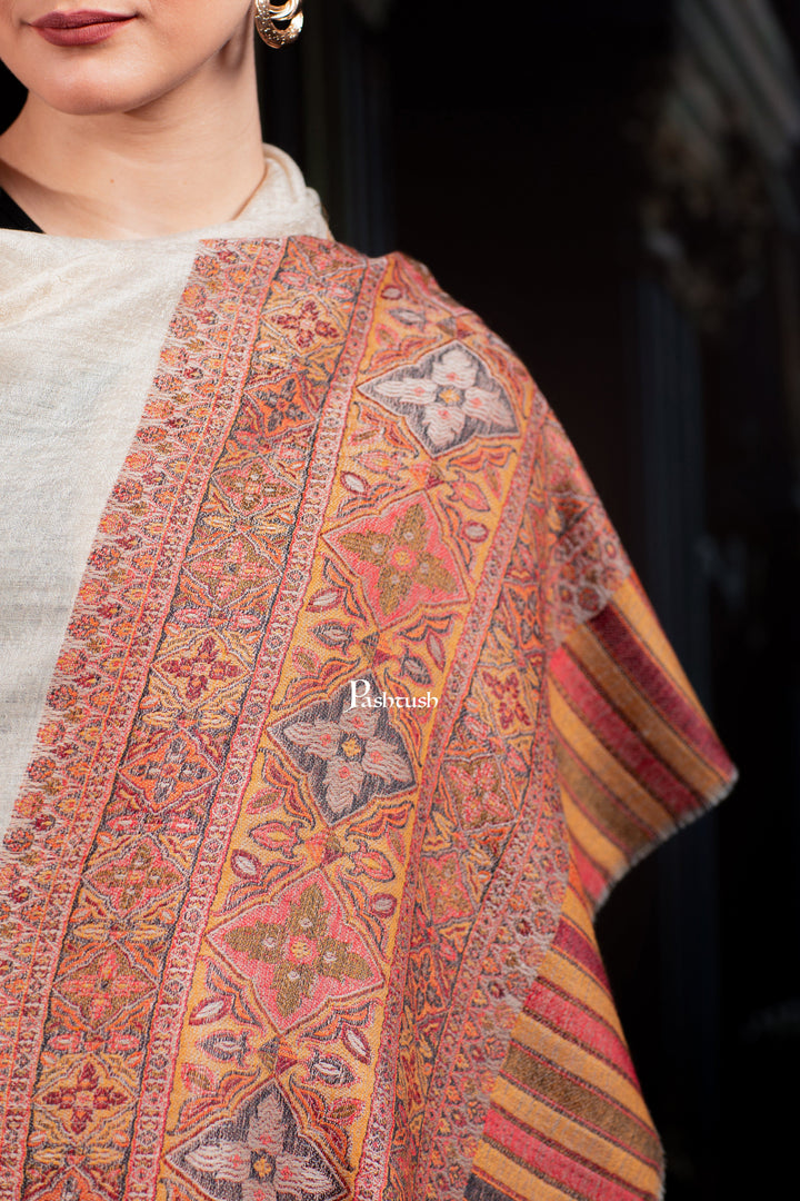 Pashtush India Womens Shawls Pashtush Womens Extra Fine Wool Shawl, Woven Palla, Aztec  Design, Beige