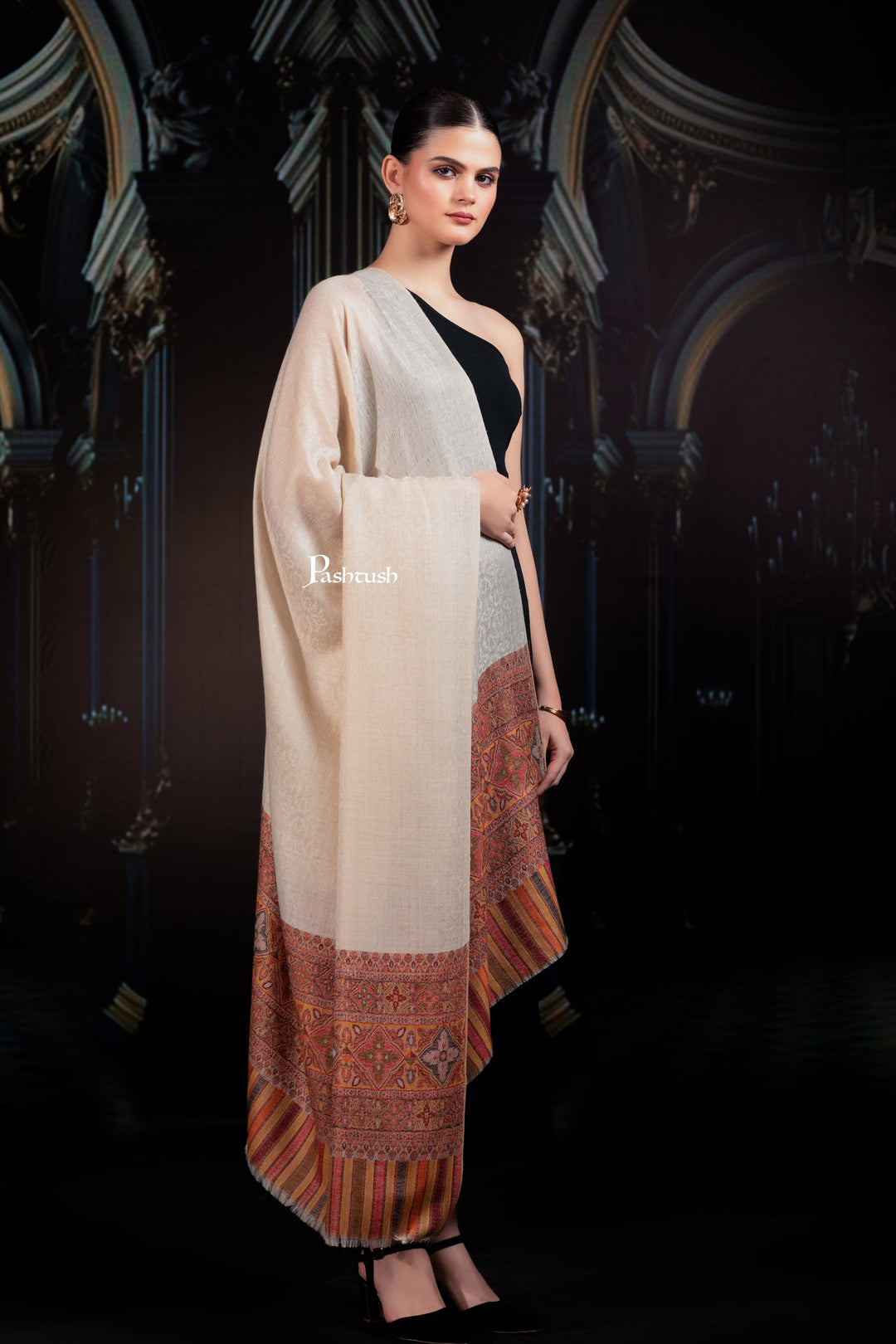 Pashtush India Womens Shawls Pashtush Womens Extra Fine Wool Shawl, Woven Palla, Aztec  Design, Beige