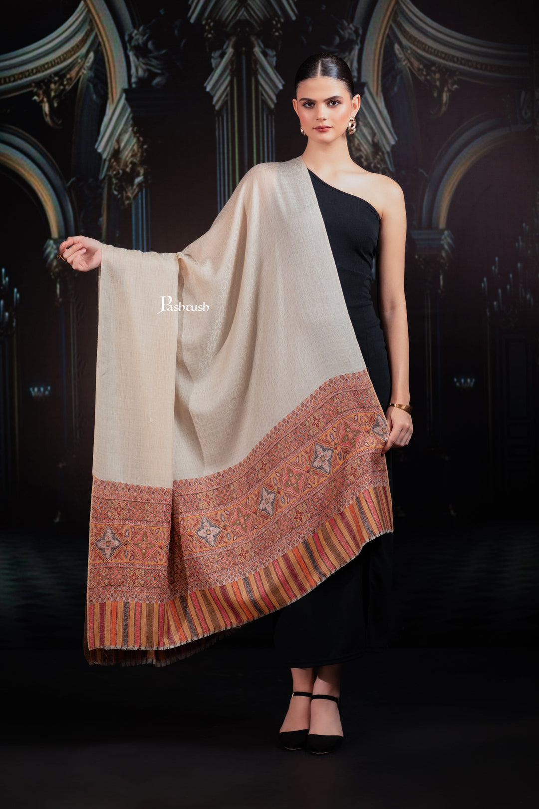 Pashtush India Womens Shawls Pashtush Womens Extra Fine Wool Shawl, Woven Palla, Aztec  Design, Beige