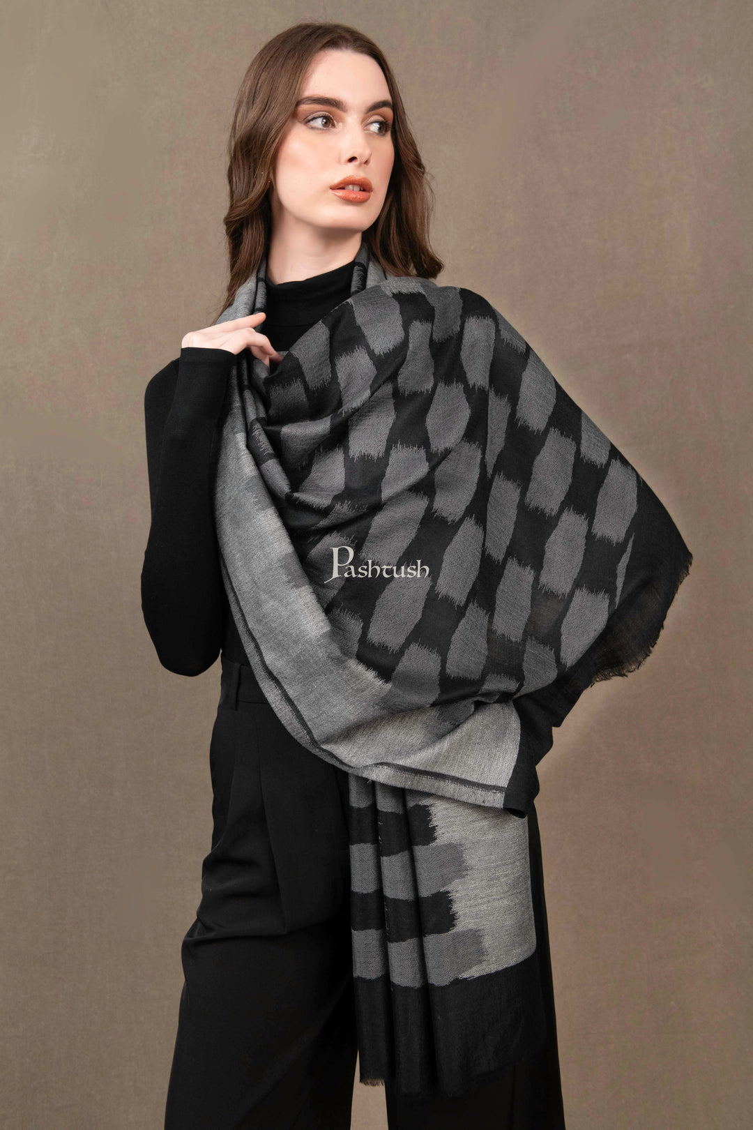 Pashtush India Womens Stoles and Scarves Scarf Pashtush Womens Extra Fine Wool Silk Stole, Ikkat Design, Black And Grey