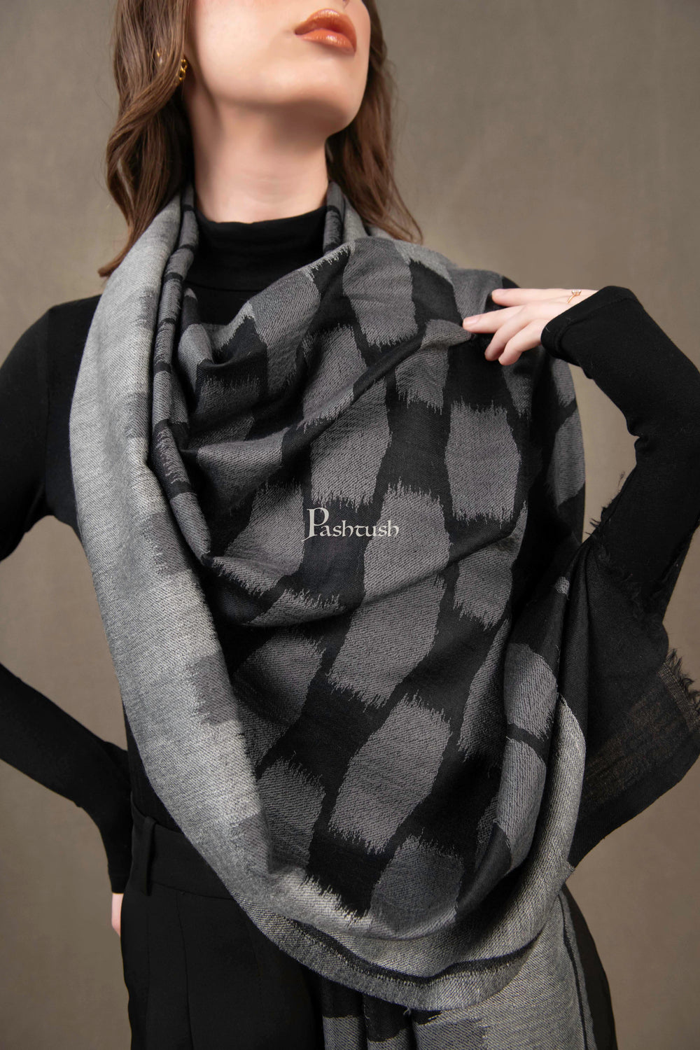 Pashtush India Womens Stoles and Scarves Scarf Pashtush Womens Extra Fine Wool Silk Stole, Ikkat Design, Black And Grey